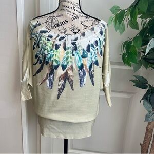 Mandee Y2K Feather Print Knit Dolman Pullover Boho Top Beige Sz M